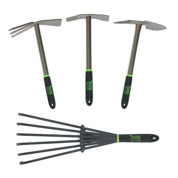 Yard Butler Unbreakable All Steel Garden Hand Tool Set with Heavy Duty Pick Axe, Hand Cultivator, Hand Rake and Hoe Garden Tool - Dual Action Head - Great for Working in The Garden and Flower Beds