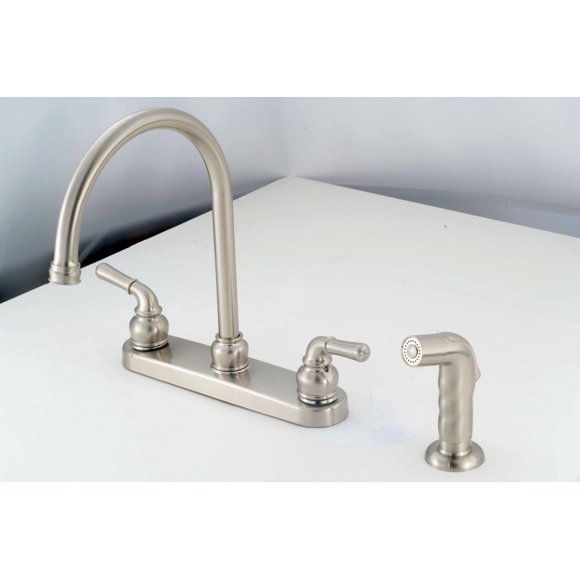 American Brass Faucet NN801GSN Used For Kitchen; Single Piece 8 Inch Deck Mount; Gooseneck Spout; 2 Teapot Handle; Brushed Nickel Plated; 1/2 Inch NPT; 4 Hole Application