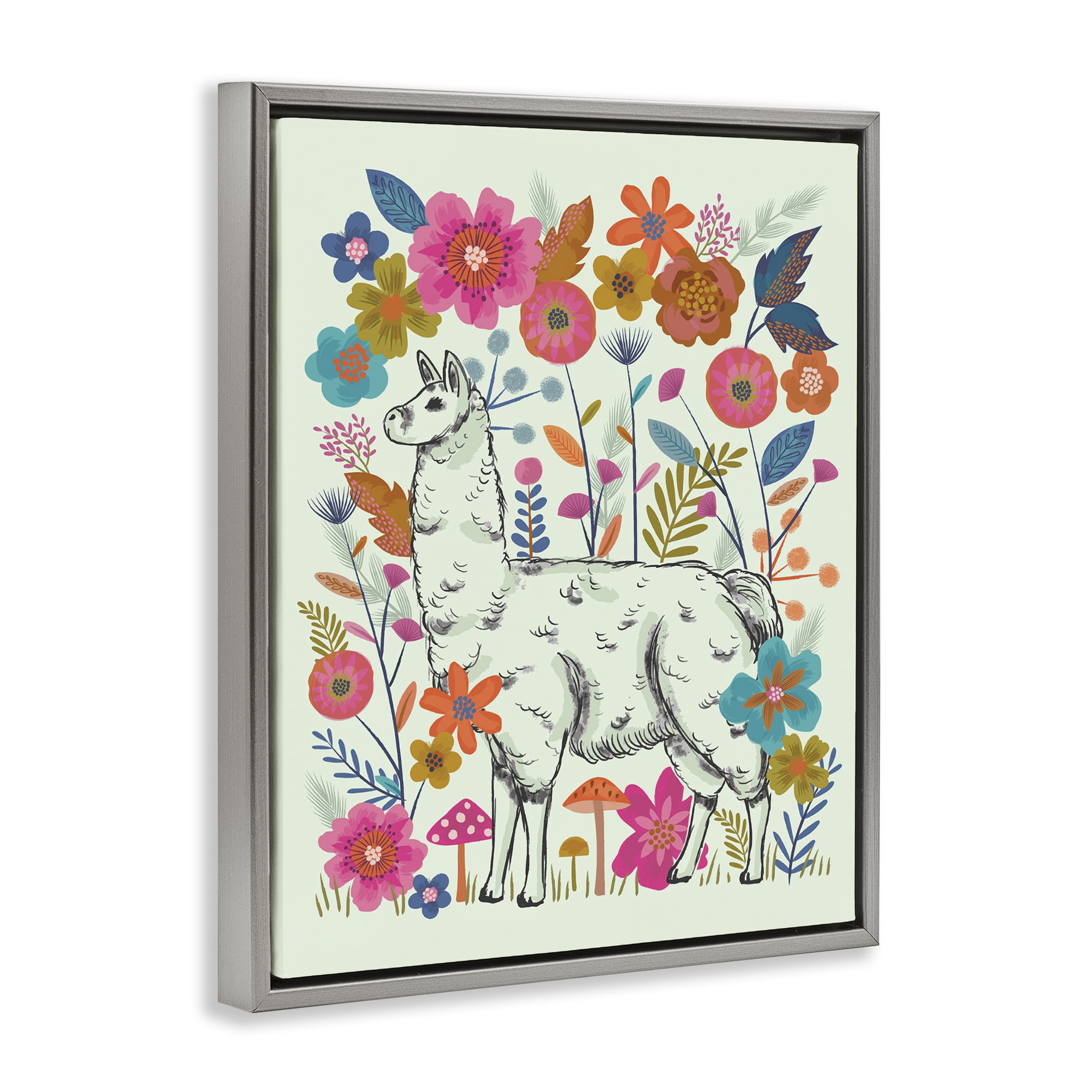 Stupell Industries Llama Among Bright Florals Animals Painting Gray Floater Framed Canvas Art Print Wall Art, 25 x 31