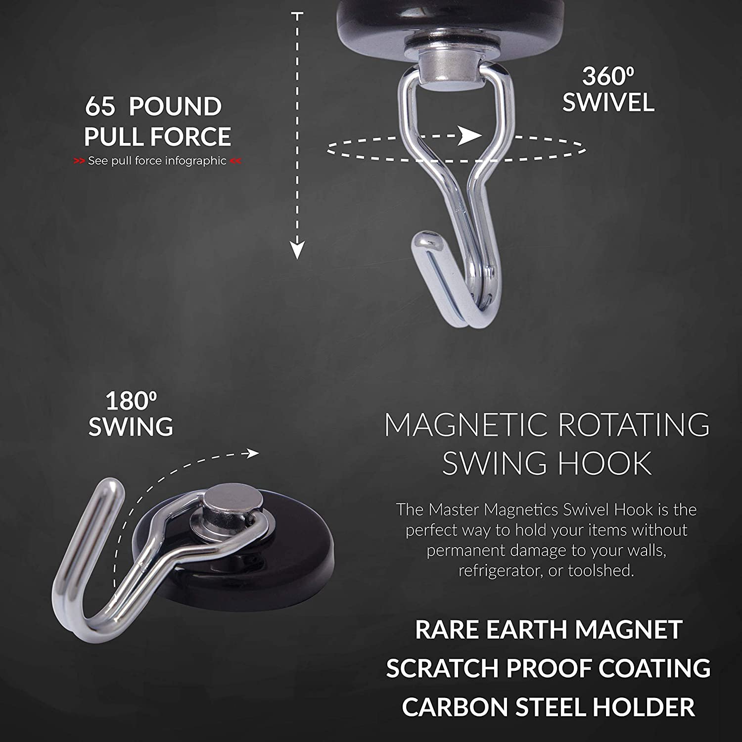 Master Magnetics 7580 Magnetic Hook Organizer Rotating Swing Hook 65 Pound Pull Force 1.47Diameter 0.54Thick Black