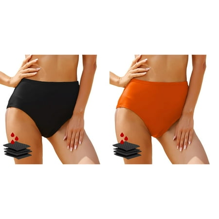 Lojoutye 2 Pack(Black 1PCS & Orange 1PCS) Multipack Swim Pants for 12-14 Women s High Waisted Bikini Bottoms Retro Basic Full Coverage Swimsuit Mid Waist Bathing Suit Bottom