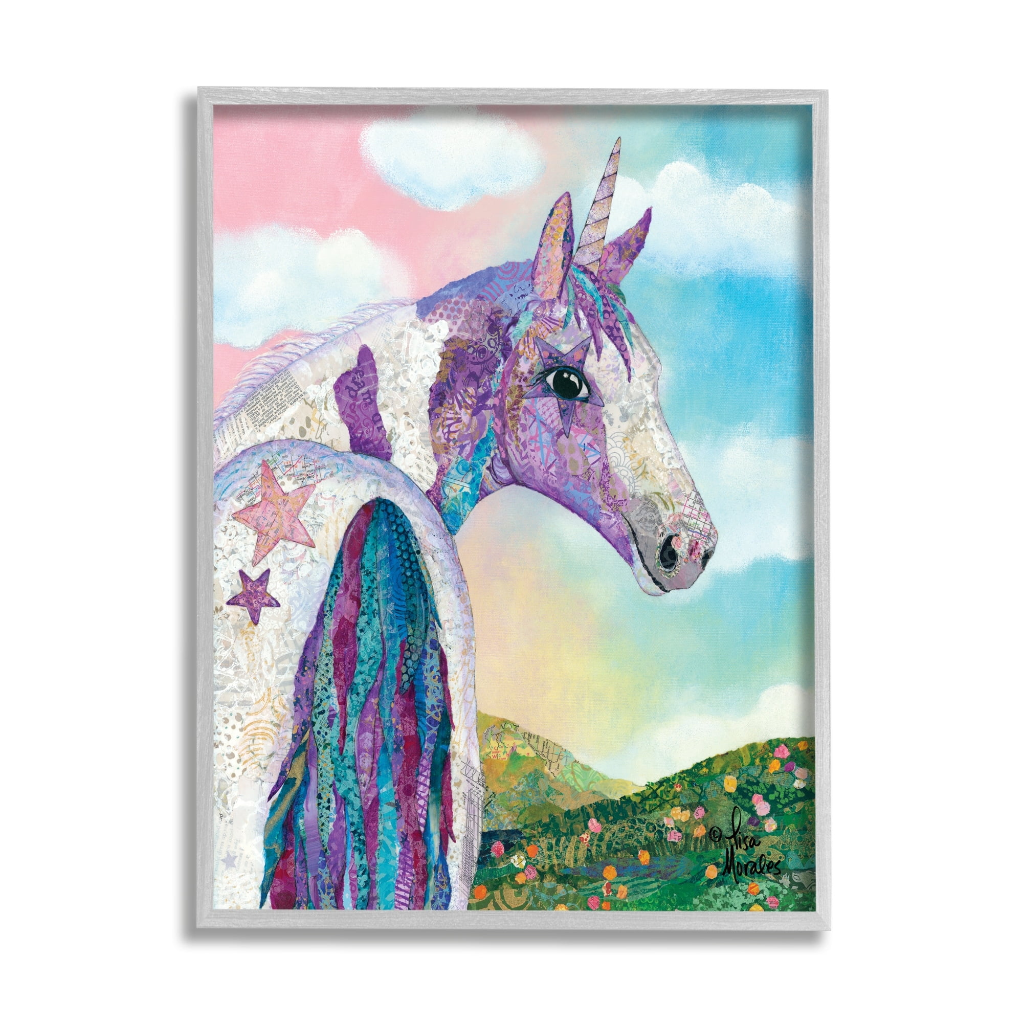 Stupell Industries Starry Eyed Unicorn Floral Fantasy Meadow Collage Painting Gray Framed Art Print Wall Art, Design by Lisa Morales