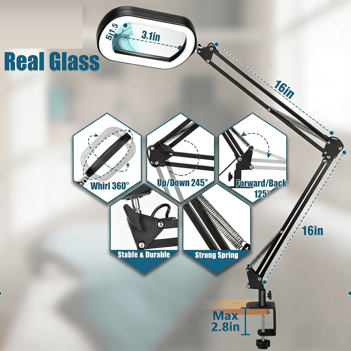 Magnifying Glass with Light and stand, Rectangle Real Glass Lens, Large 2 by 16 inch Swivel Arm LED Lighted Clamp Desk Lamp, 5 Color Modes Dimmable, Magnifier for Reading Painting Craft Close Work