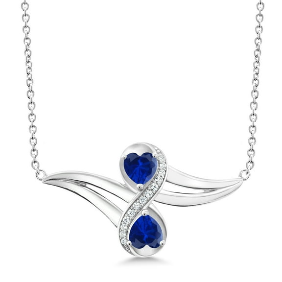 Gem Stone King 925 Sterling Silver Blue Created Sapphire and White Created Sapphire 2 Heart Women's Infinity Pendant Necklace for Women (1.13 Cttw, Heart 5MM, with 18 inch Silver Chain)