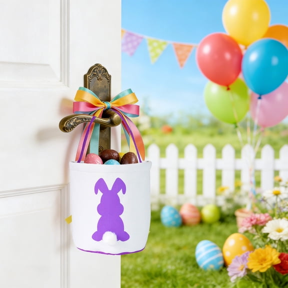 SDJMa Easter Basket for Kids, Easter Egg Hunt Basket with Handle, Canvas Bunny Baskets with Fluffy Tail for Boys Girls Easter Egg Hunt Party Supplies