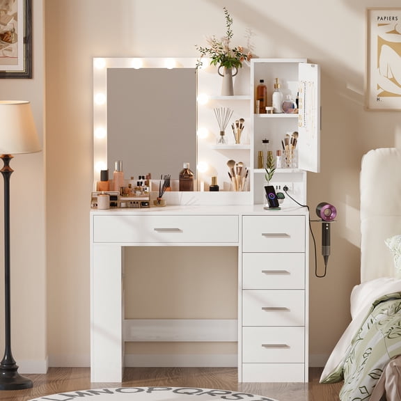 WACASA Vanity Desk with Mirror and Lights, Makeup Vanity with 5 Drawers & Power Strip, White Vanity with Storage Shelves, Adjustable Brightness Dressing Table for Bedroom