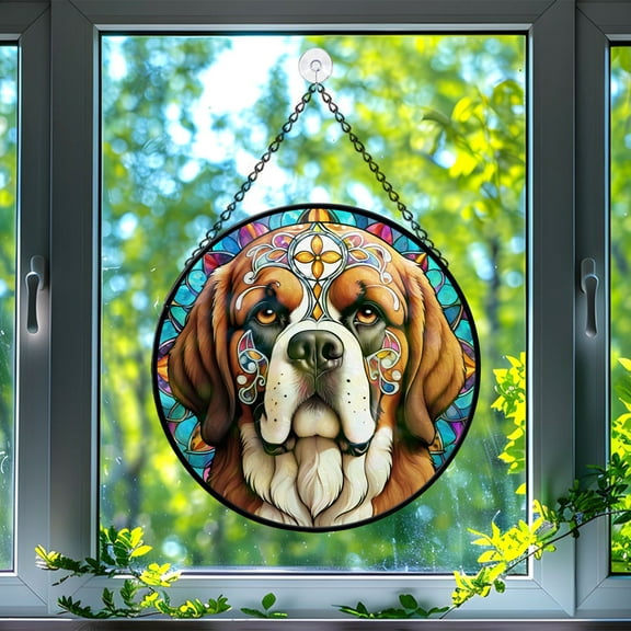 89Bloom Saint Bernard Dog Suncatcher, Stained Glass Saint Bernard Suncatcher, Saint Bernard Glass Suncatchers for Windows Stained Glass