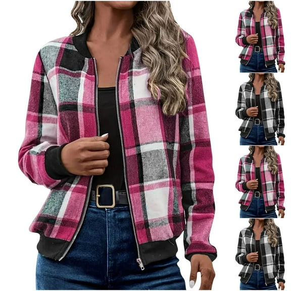 Mifsaly Plaid Shacket Women Zip up Mock Neck Warm Jacket Long Sleeve Lightweight Trendy Coats Fall Winter Casual Outerwear 2025 Fashion Streetwear
