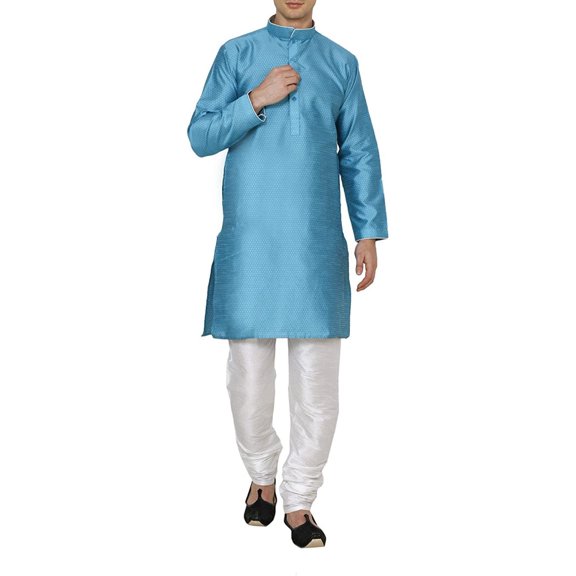 Royal Kurta Men's Self Jacquard Silk Contrast Piping Kurta Churidar Blue