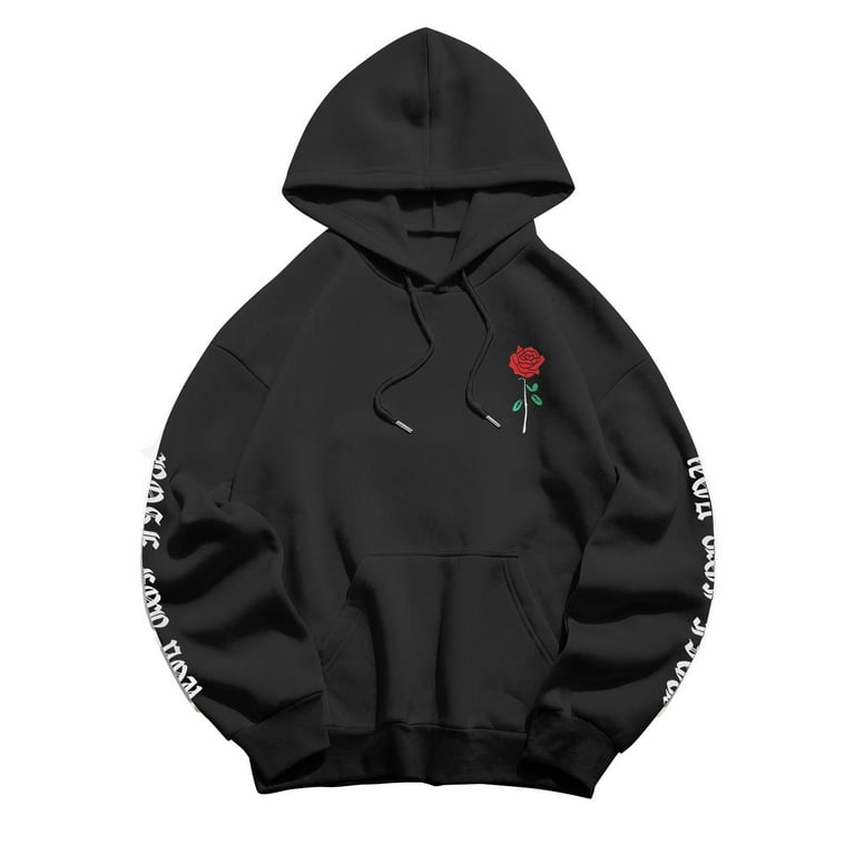 Black Essentials Hoodie Japanese Sweaters Hoodies for Women Women s Rose for You Letter Rose Printed Long Sleeved Hoodie with Pockets L