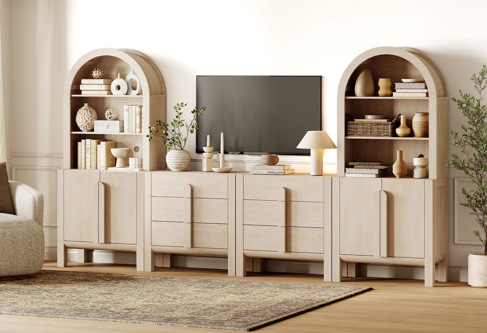 126" Mid-Century Modern TV Stand with Bookshelves for Tvs Up to 70", Large Entertainment Center with Storage Cabinet, TV Console with Drawers For Living Room, Bedroom