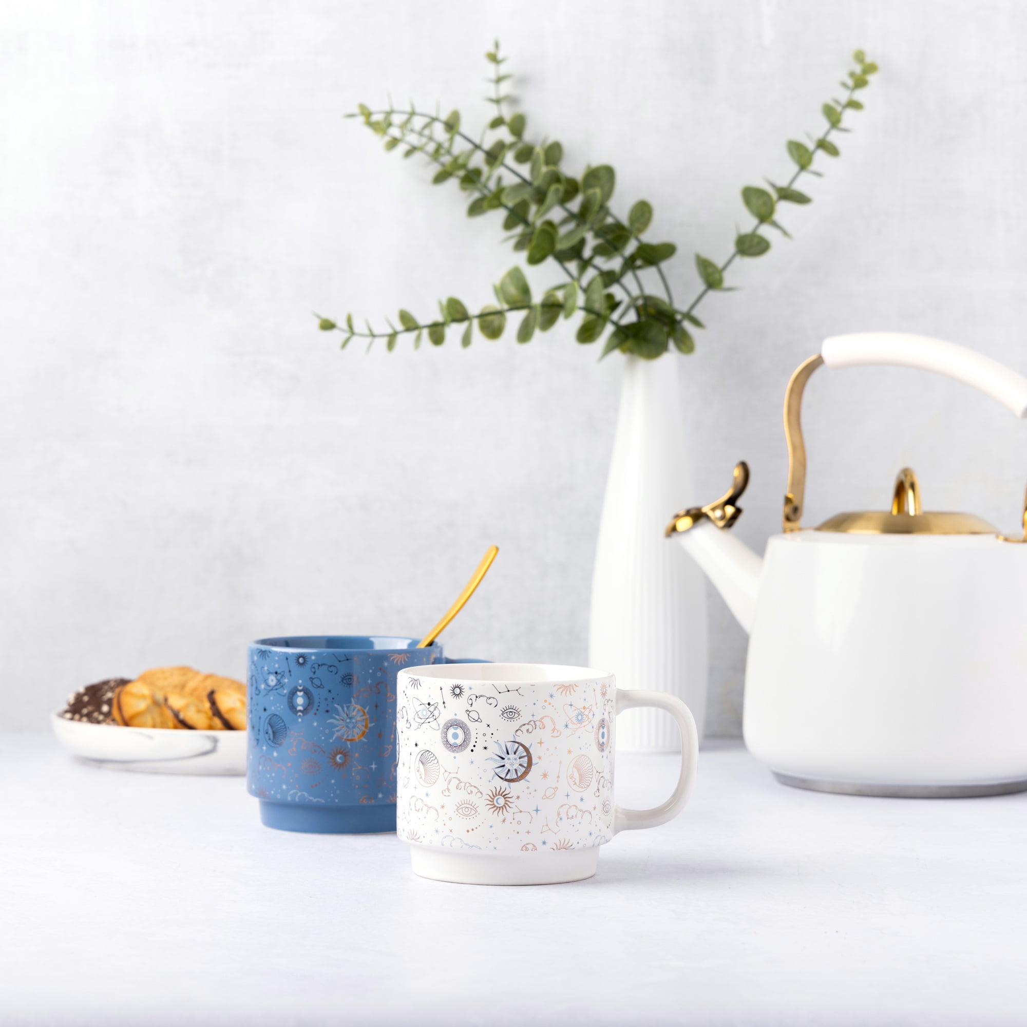 Thyme & Table 2 Pack Stacking Celestial White and Blue Mugs 14.2