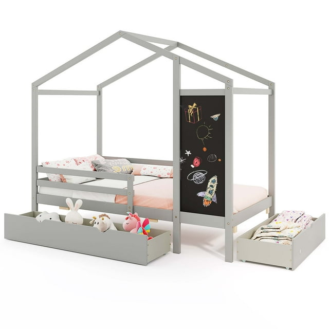 Costway Lit Cabane Simple avec 2 Tiroirs de Rangement Lit Plateforme en Bois Massif avec Tableau Noir Gris