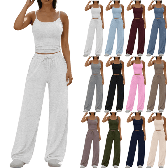 Lounge Sets for Women Adjustable Strap Backless Tops and Elastic High Waist Straight Leg Pants 2 Piece Gym Workout Sets Loungewear