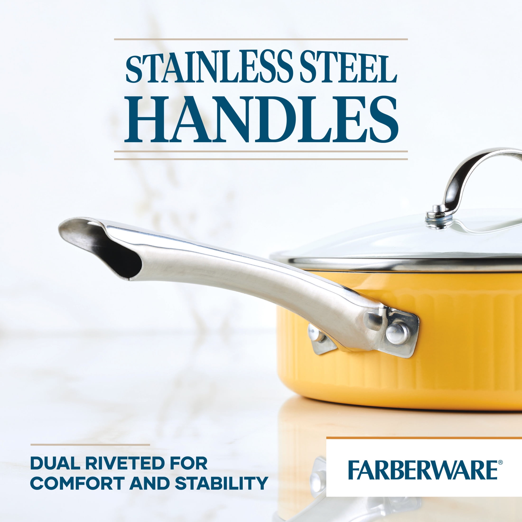 Farberware Style 3 qt Nonstick Saute Pan with Tempered Glass Lid, Dishwasher Safe, Oven Safe to 500°F, Yellow