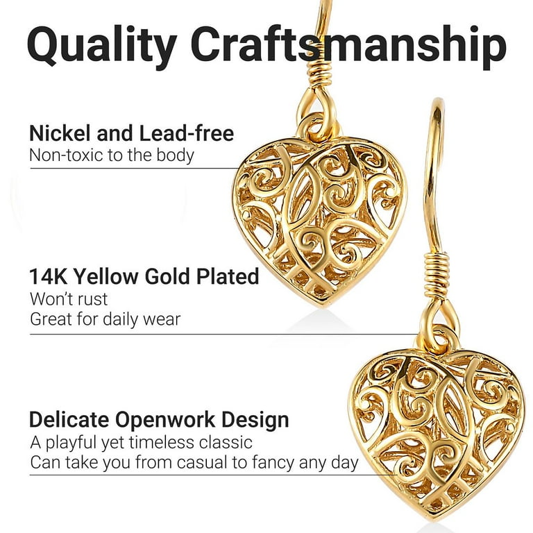 Shop LC Filigree Heart Dangle Earrings - 14K Yellow Gold Plated, 14K Rose  Gold Plated & Platinum Plated Sterling Silver Open Heart Drop Earrings 