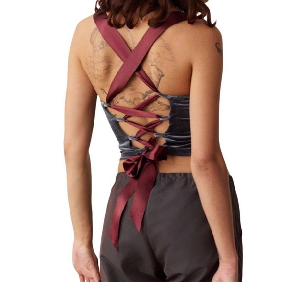 Women's Ruched Crop Tank Top Vintage Sexy Lace Up Criss Cross Back Patchwork Sleeveless Going Out Camisole Shirts