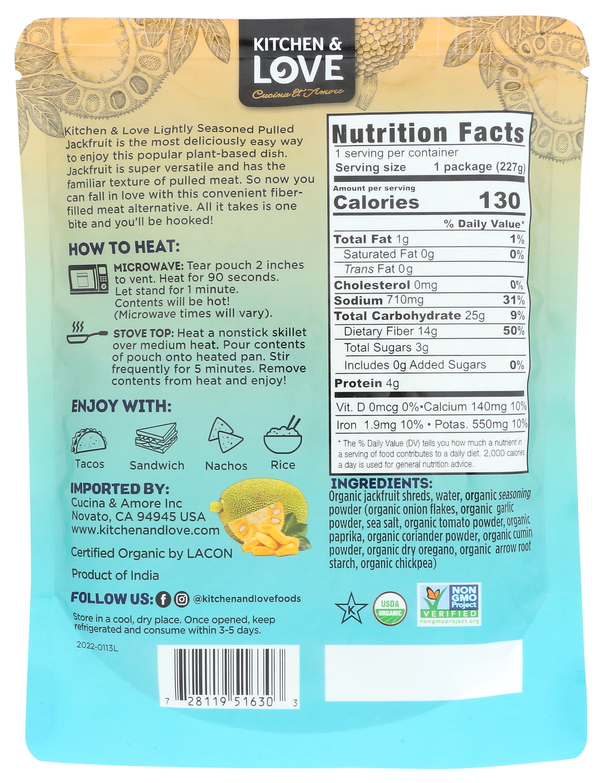 Pack of 6, Kitchen And Love Lightly Seasoned Organic Pulled Jackfruit, 8 oz