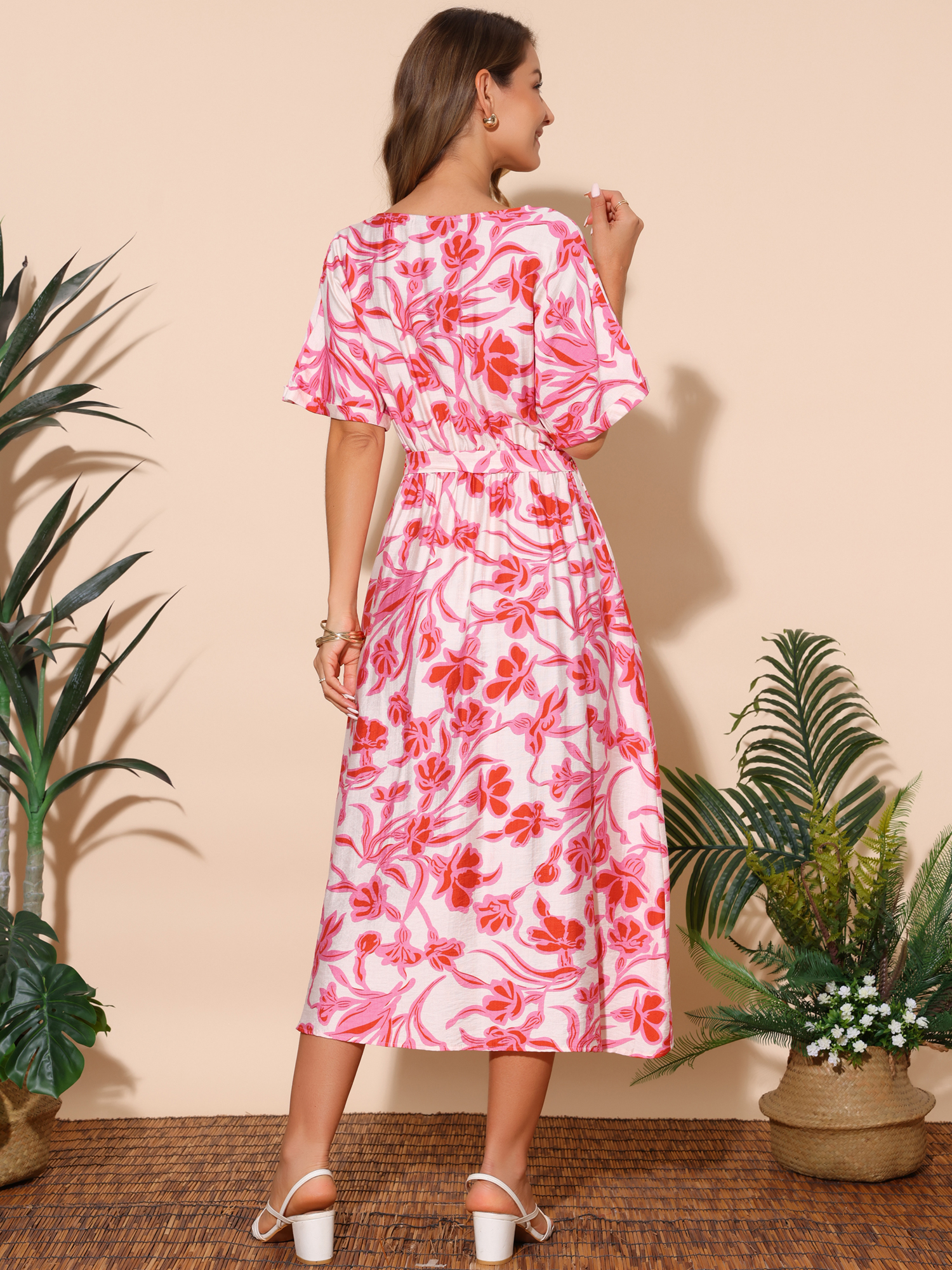 DARING DIVA Loose Boho V Neck Short Sleeve Tie Waist Floral Maxi Dress L Pink