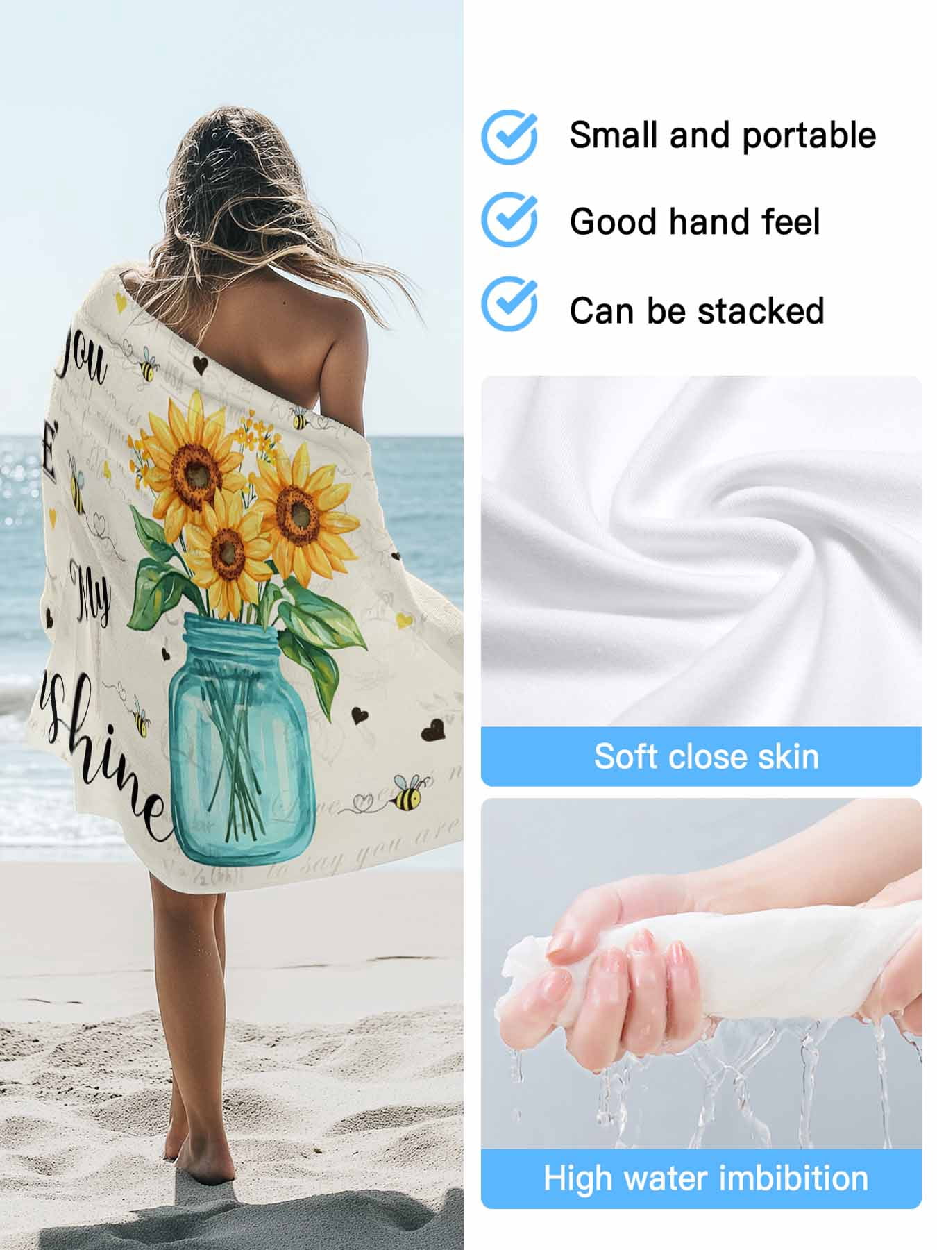 You Are My Sunshine Beach Towels Blanket Soft & Absorbent Quick Dry Microfiber Vintage Sunflower Motivational&nbsp;Quotes Pool Towels for Swimming ,Yoga, Sports, Gym, Camping,Large 30X60in,