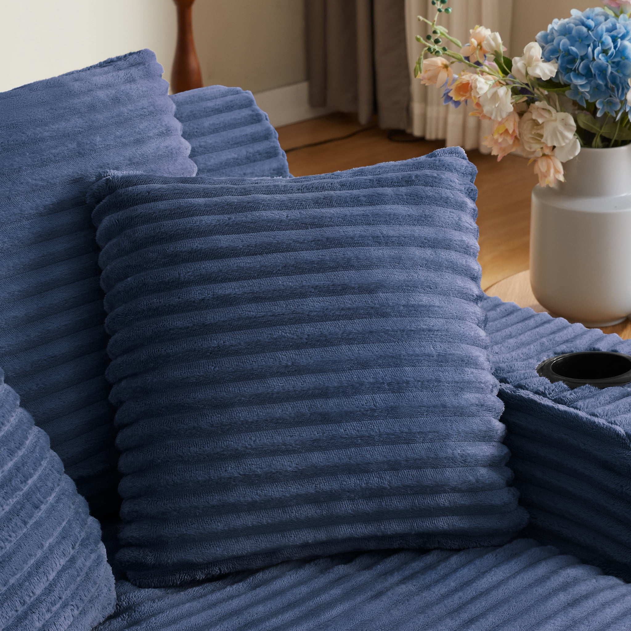 ShiKeyi 66'' Chaise Lounge Chair Indoor, Boneless Sofa Cloud, Plush Corduroy Chaise Couch with Cup Holders, Side Storage Pocket & Pillows, No Assembly Required, Blue