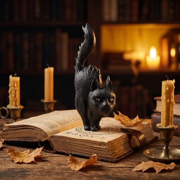 Uutvery Spooky Resin Figurine, Witch with Staff, Arched Black Cat, Stacked Pumpkins or Ghost Pair, Matte Finish for Halloween Tabletop and Mantel Decor