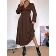 thumbnail image 4 of Pleated Satin Bridesmaid Dress V-Neck Long Sleeve Maxi Dresses for Women Brown L, 4 of 8