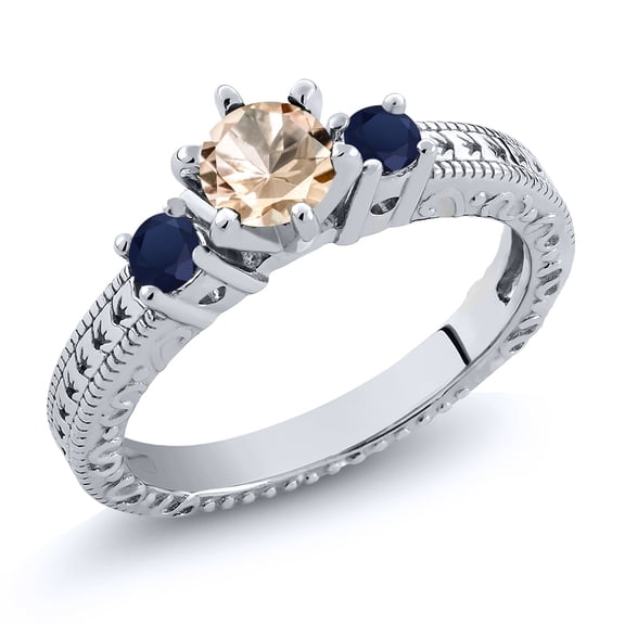 Gem Stone King 0.70 Ct Round Peach Morganite Blue Sapphire 925 Sterling Silver Ring (Size 7)