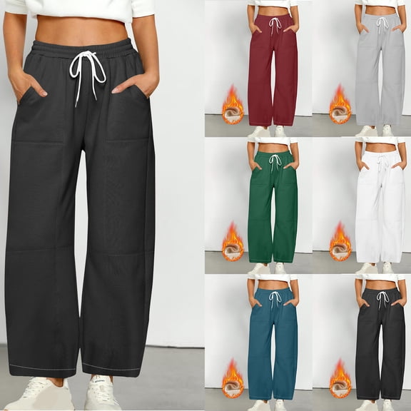 PXLKNZH Fleece Lined Pants Women High Waisted Drawstring Open Leg Straight Sweatpants Loose Comfy Lounge Pants with Pockets Black,XXL