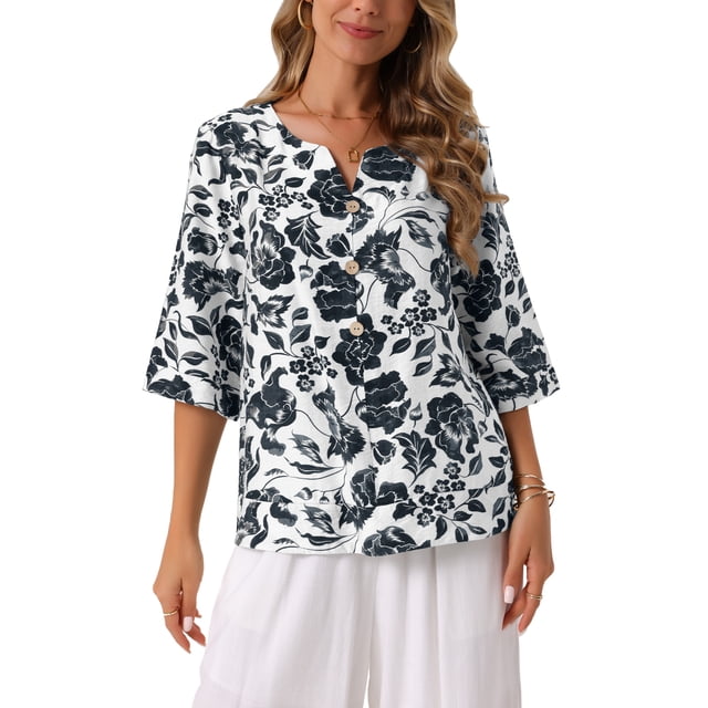 BLUSA BOHEMIA FLORAL PARA MUJER INSPIRE CHIC ESCOTE EN V MANGA 3/4 TUNICA TALLA XL NEGRO