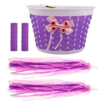 Kids Bike Handlebar Streamers and Basket Set Non Slip Grips Toddler Bike Baskets Scooter Decoration Girls Accessories Purple