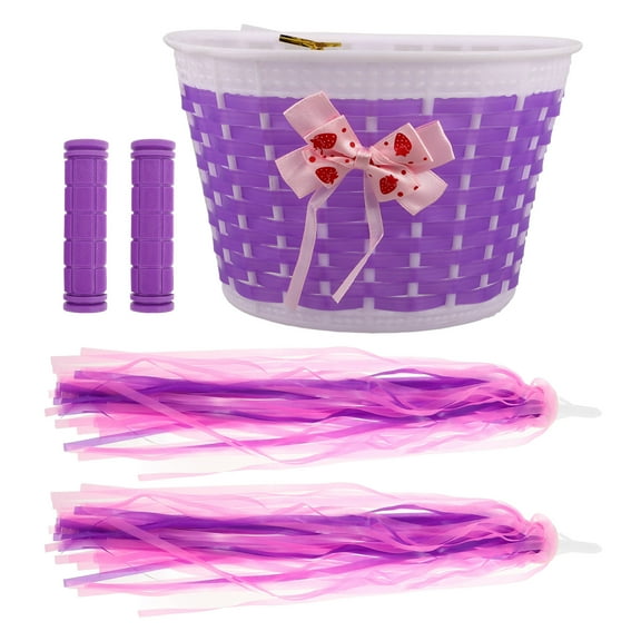 Kids Bike Handlebar Streamers and Basket Set Non Slip Grips Toddler Bike Baskets Scooter Decoration Girls Accessories Purple