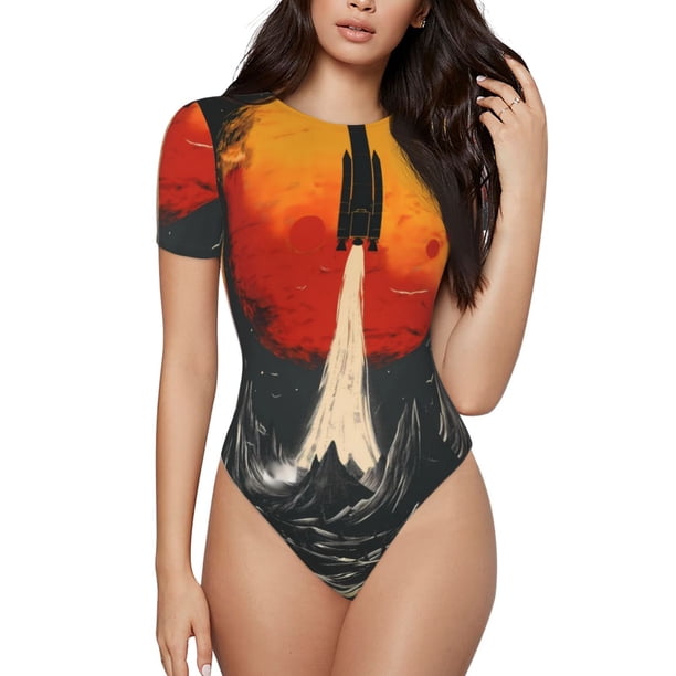 Fotbe Retro Space Rocket Launch Body de Mujer con Cuello Redondo y Mangas Cortas, Sin Mangas Ajustado, Suave, Cómodo y Básico-Large