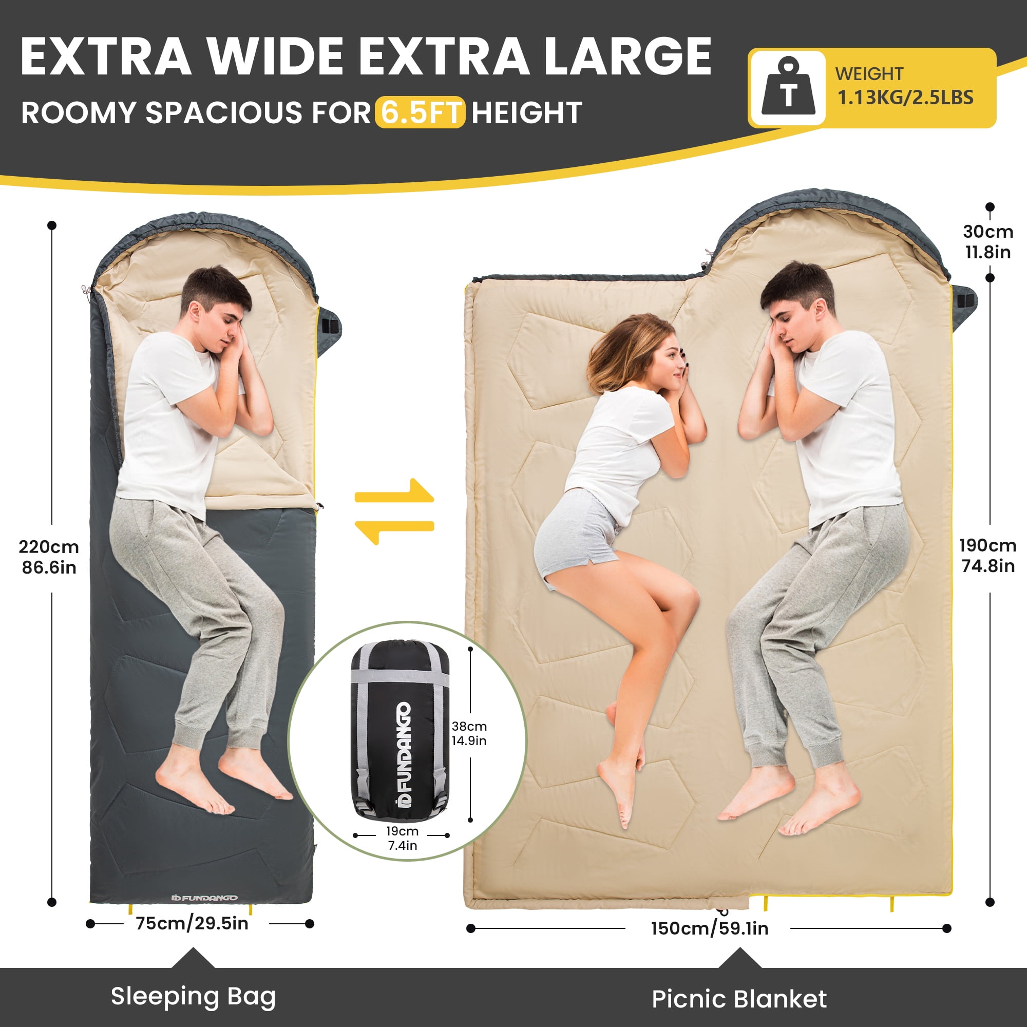FUNDANGO Camping Sleeping Bag for Adults Teens Grey Waterproof Sleeping Bag with Compression Sack 87"*30" Compact Sleeping Bag for Hiking & Backpacking, 39.2°F-62.6°F, 2.5lbs, Grey
