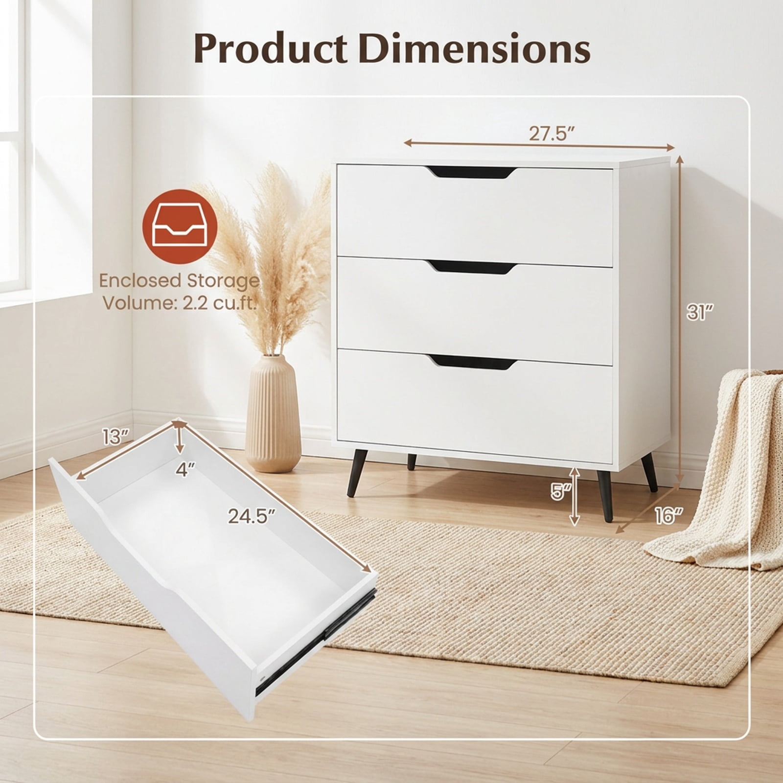 Furnibear 3-Drawer Rustic Farmhouse Wooden Storage Dresser for Bedroom Closet Living Room Nursery Clothes Storage, White
