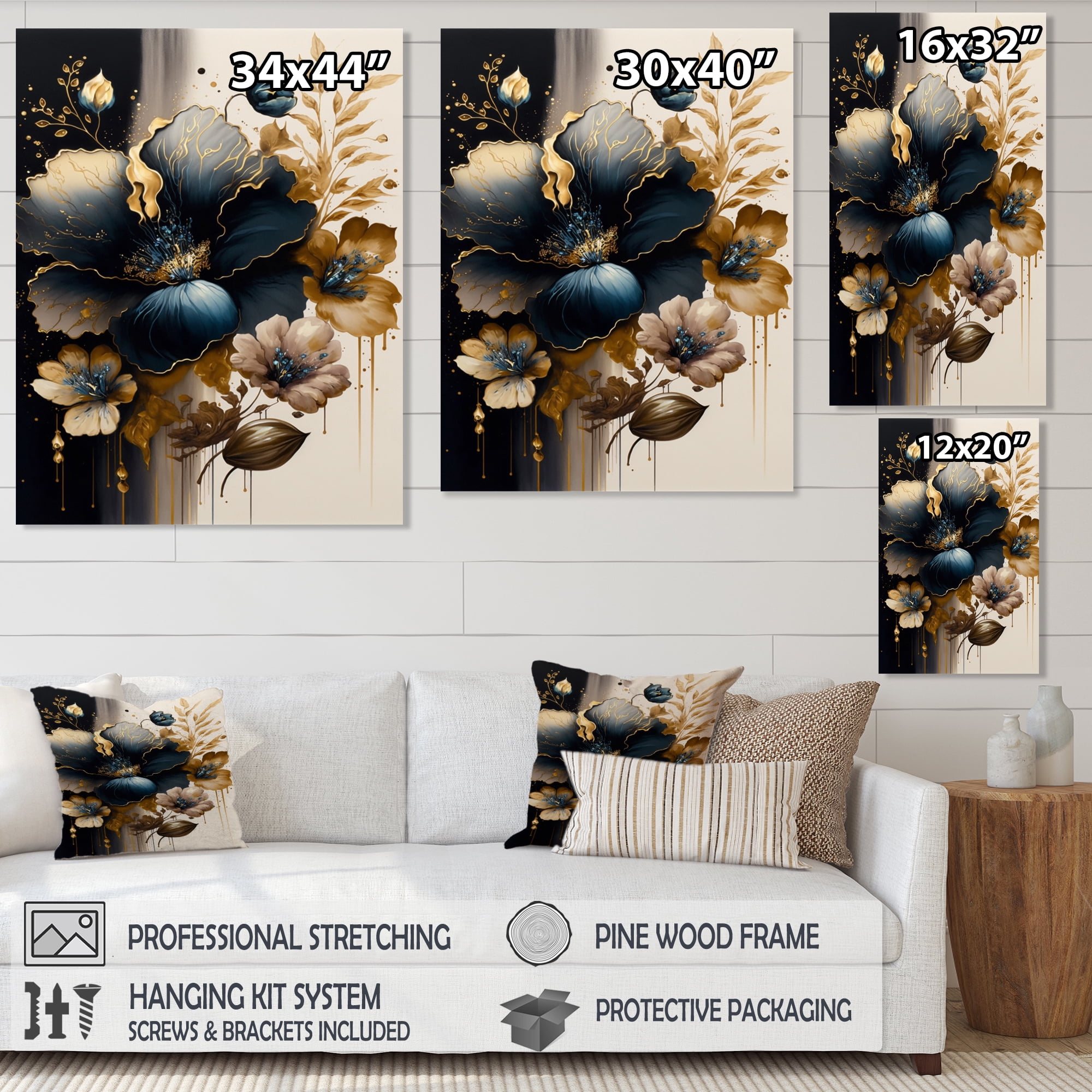 Designart Dark Blue And Gold Hibiscus II Canvas Wall Art