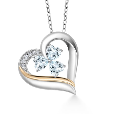 925 Sterling Silver and 10k Yellow Gold Sky Blue Aquamarine and White Lab Grown Diamond 3-Stone Pendant Necklace for Women (1.29 Cttw, Gemstone Birthstone, Heart Shape 5MM, 18 inch Chain)