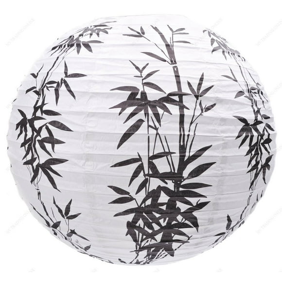 M.V. Trading MVA16013 Lanternes Rondes en Papier Colorées Chinoises/japonaises avec Cadre en Métal, 16 Pouces, Blanc avec Jardin en Bambou Noir