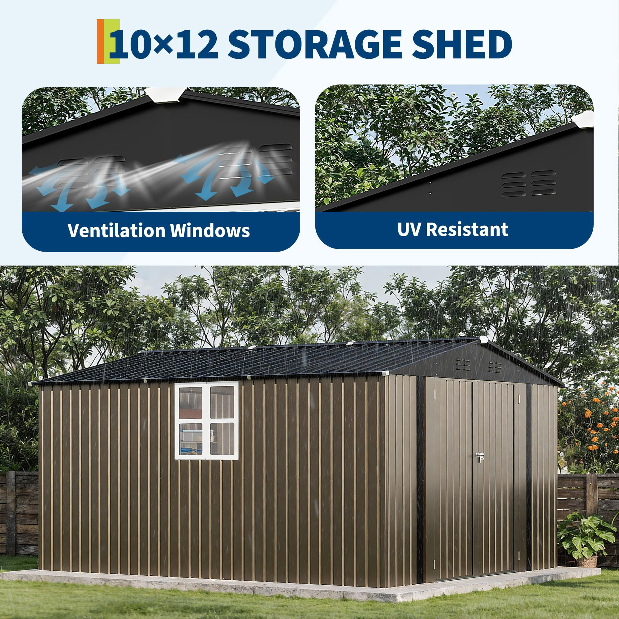10X12 FT Storage Shed，Lockable Gable Roof Garden Shed with Grid Window, All-Weather Resistant Storage Unit for Bikes, Ladders, Patio Supplies & Garden Essentials