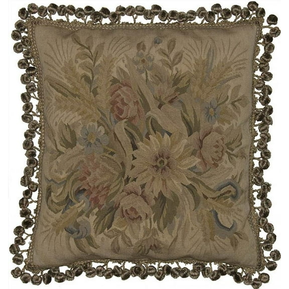 Throw Pillow Aubusson Wheat 20x20 Beige Blue White/Cream Velvet Down Feather