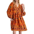 thumbnail image 1 of Vestido Corto Estampado de Larga con Cuello en V para Mujer, Estilo Bohemio Informal y Holgado, Ideal para la Playa. Naranja M, 1 of 9