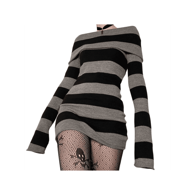 Faithtur Robe Moulante Mini pour Femmes Rayée Col Bateau Manches Longues Robe Courte Printemps Automne Robe de Fête Moulante
