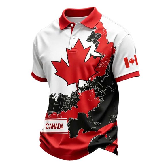 Polo Shirts for Men Short Sleeve Collared Golf Polos Canadian Flag Leaf Pattern Casual Loose Collar Buttoned Shirt
