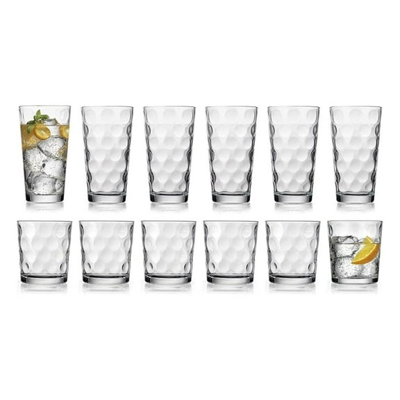 HE Modern Drinking Glasses Set, 12-Count Glassware, Includes 6 Cooler Glasses (17oz) 6 DOF Glasses(13oz) 12-piece Glassware Set