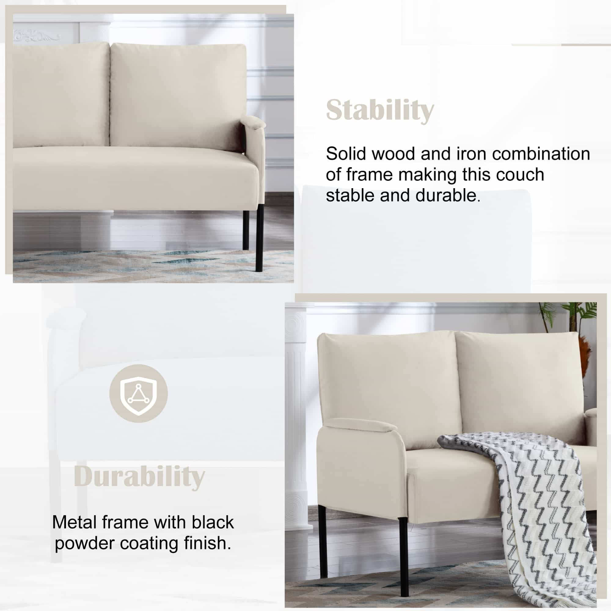 BSHTI Velvet Upholstery Loveseat Couch,2 Seating,Metal Frame,High-density Fam Seat Loveseat,Well in Apartments or Rooms with Limited Space(Beige)