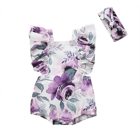 

Styles I Love Infant Baby Girls Ruffle Sleeves Flower Printed Cross Open Back Sunsuit Romper and Headband 2 pcs Summer Bodysuit Outfit (Floral Purple 100/18-24 Months)
