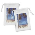 thumbnail image 1 of Beach Fabric Pouch Set of 2, Image of an Hammock at Summer Tropical Coast by the Ocean Palms Surreal, Small Drawstring Bag for Toiletries Masks and Favors, 9" x 6", Navy Cream Green, by Ambesonne, 1 of 2