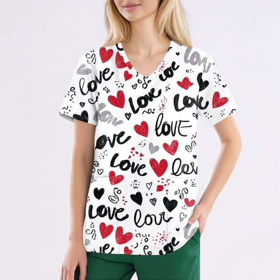 Valentine's Day Womens Scrub Top Stretchy Vneck Short Sleeve Cute Heart Printed Shirts Valentine's Day Nurse Uniforms Split Hem Workwear Tops with Pockets