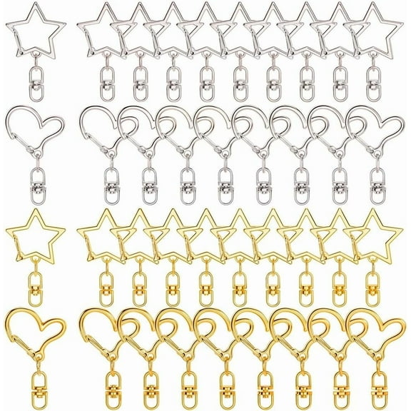 40Pcs 2 Styles Star Clasp Heart Keychain Hook Gold Silver Alloy Cute Hanging Buckle Spring Gate Rings Clip Swivel Snap Hooks with Key Rings for DIY Making
