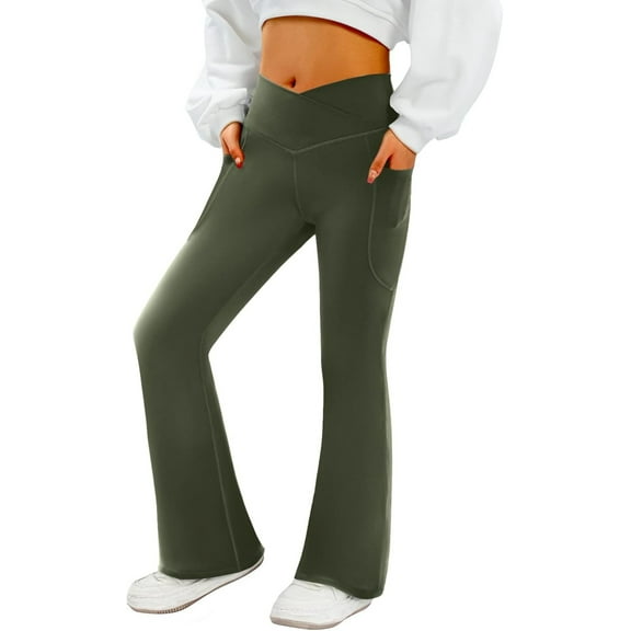 FUNING Women's Flare Yoga Pants with Pockets-V Crossover High Waisted Bootcut Yoga Leggings-Flare Workout Gym Leggings